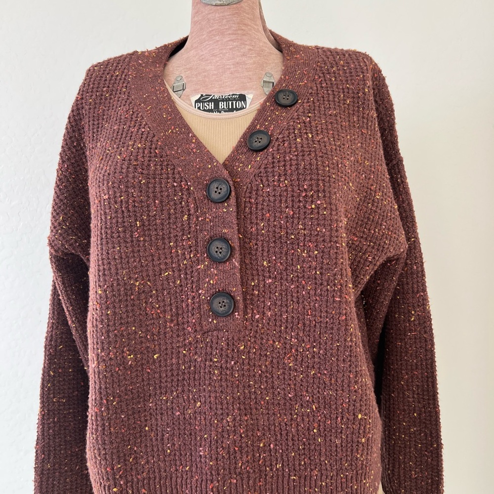 a.n.a Speckled Brown V-Neck Button Pullover